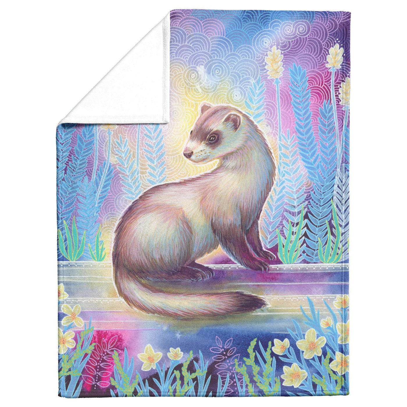 An illustrated Ferret Blanket featuring a stylized painting of a ferret sitting under a swirling sky with stylized flowers and patterns.