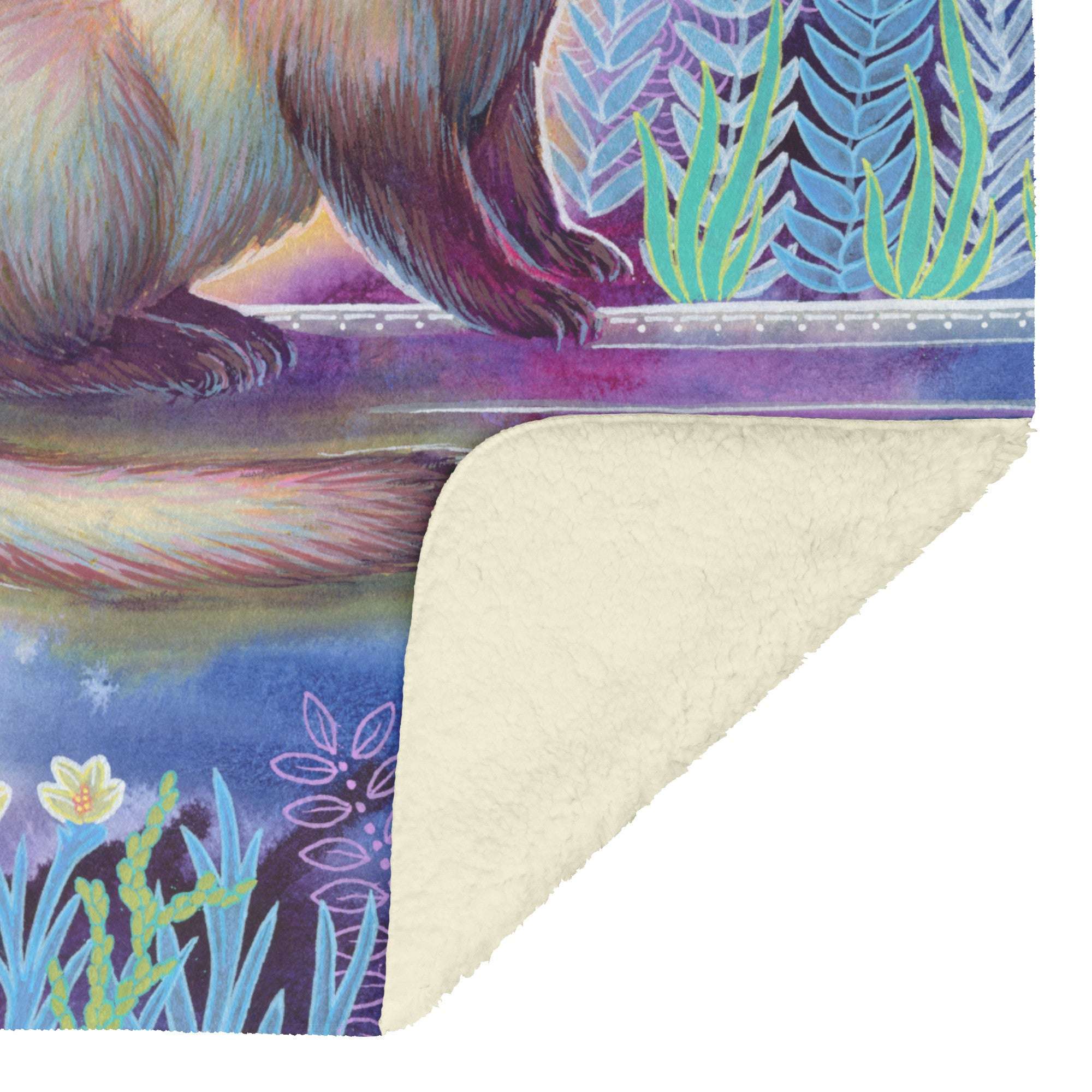 A detailed illustration of a ferret with vibrant, colorful plant life and stylized patterns, with the Sherpa fleece corner of the bottom right of the Ferret Blanket.