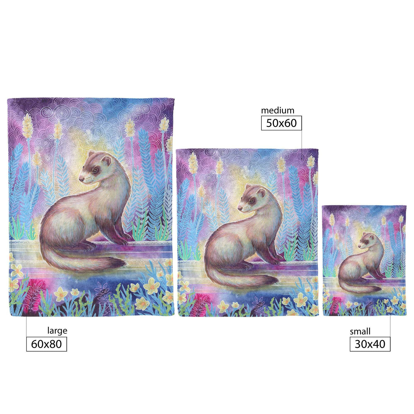 Three Ferret Blankets featuring an illustrated ferret in a whimsical forest setting, displayed in large, medium, and small sizes with their dimensions noted.