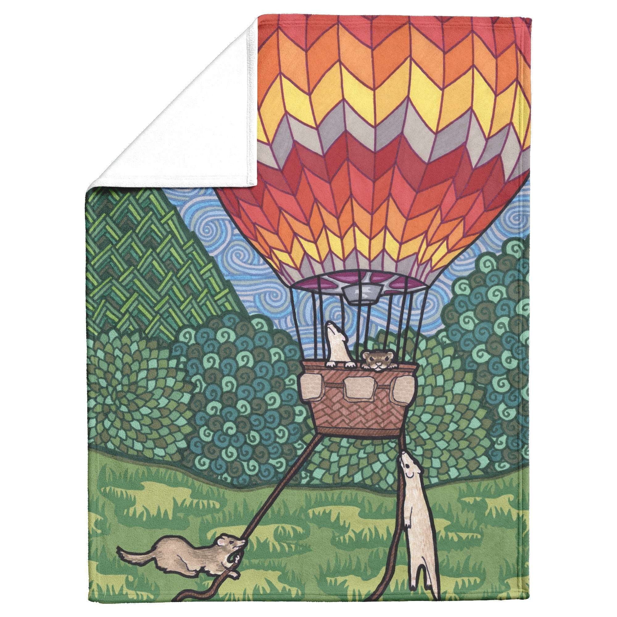A whimsical design of a hot air balloon with ferrets in the basket, floating over a green landscape, illustrated on a Ferret Blanket.