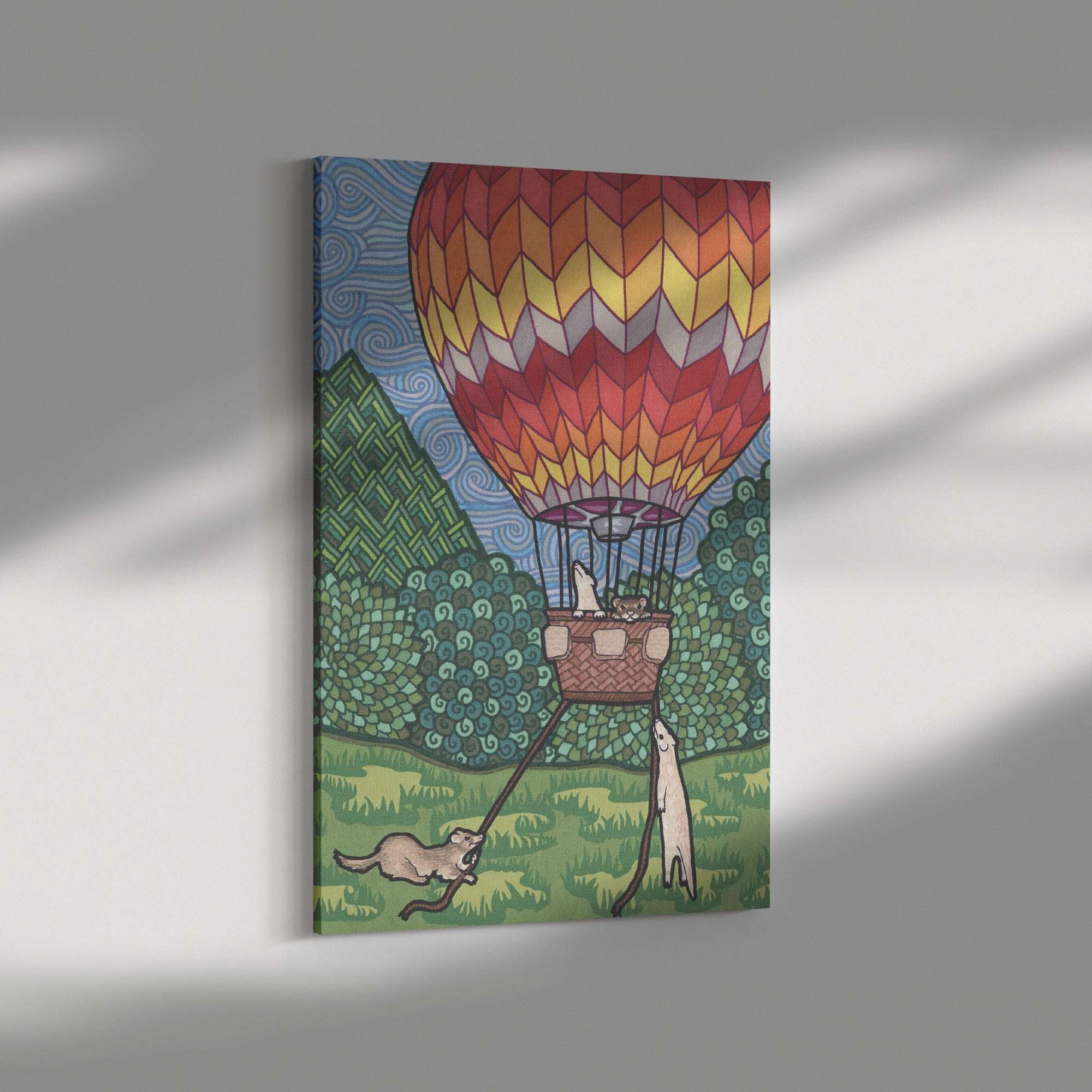 A Ferret Flight Canvas Print depicting a colorful hot air balloon with ferrets in the basket, perfect to decorate a kids room.