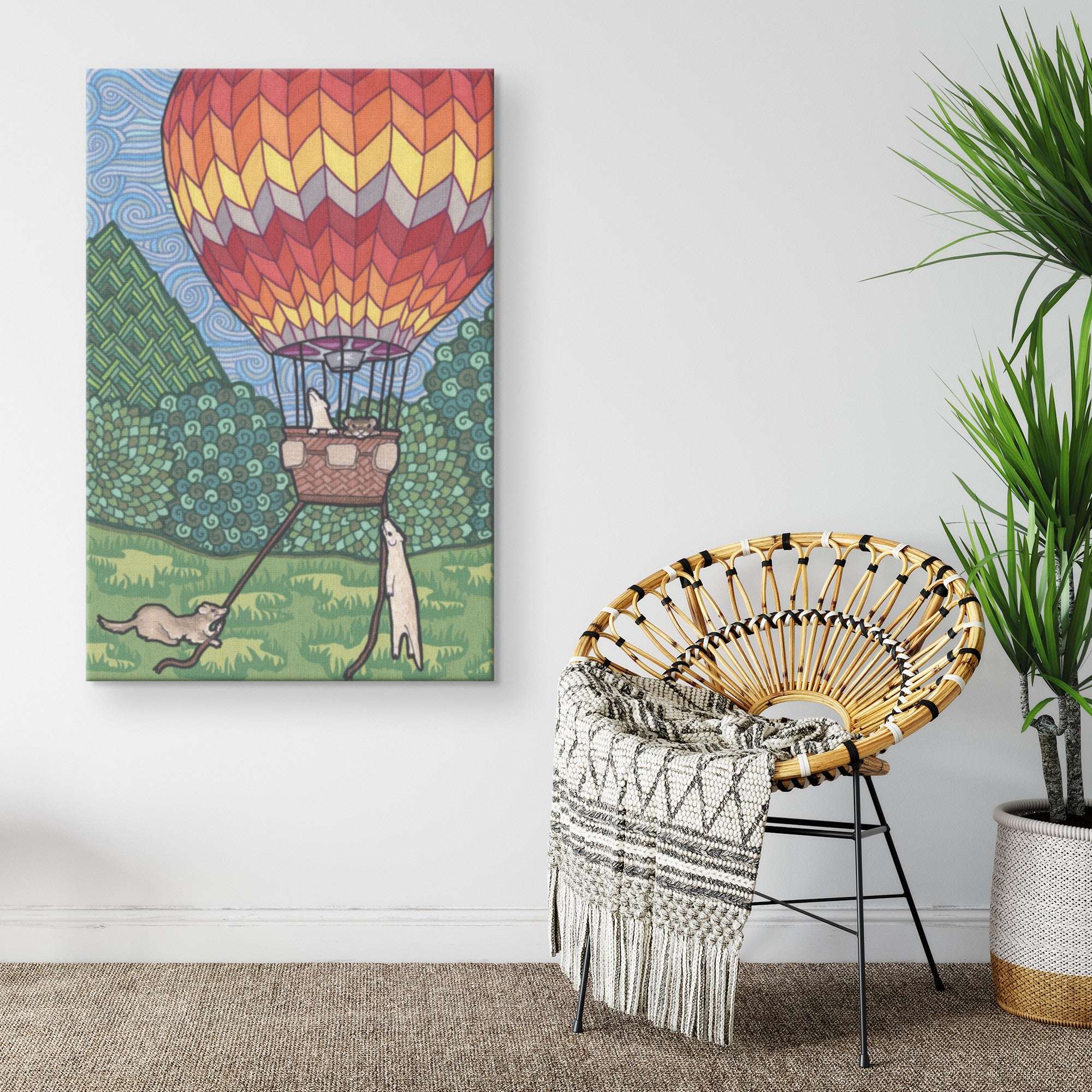 A canvas art print of a painting with ferrets in a hot air balloon, decor for children's bedroom or nursery.