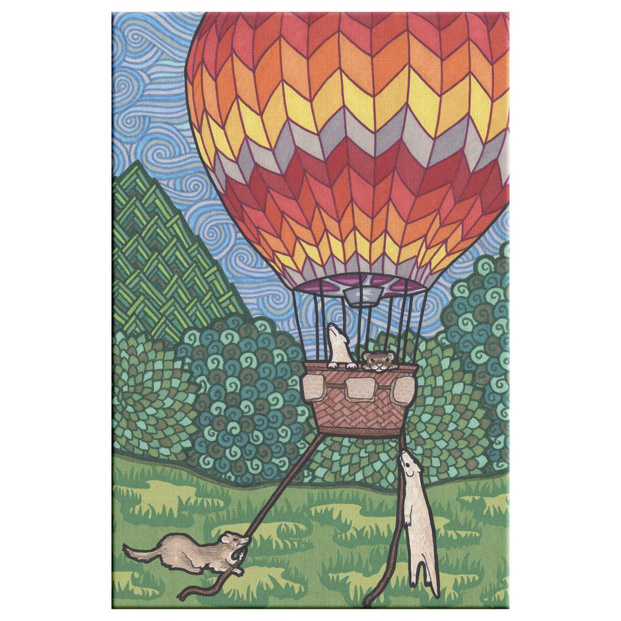 A canvas art print, painting of a colorful hot air balloon taking flight over a lush landscape with ferrets in the basket.