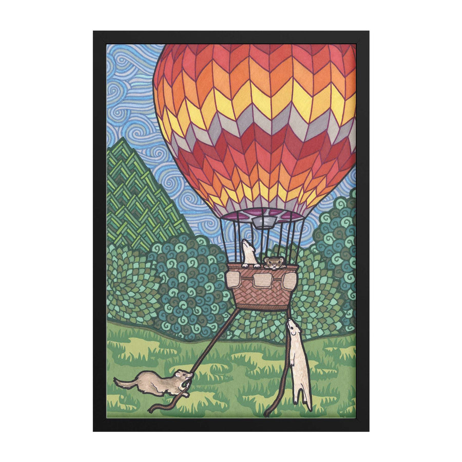 A colorful illustration of ferrets in a hot air balloon floating above a hilly landscape with swirling blue skies, called Ferret Flight Framed Print.