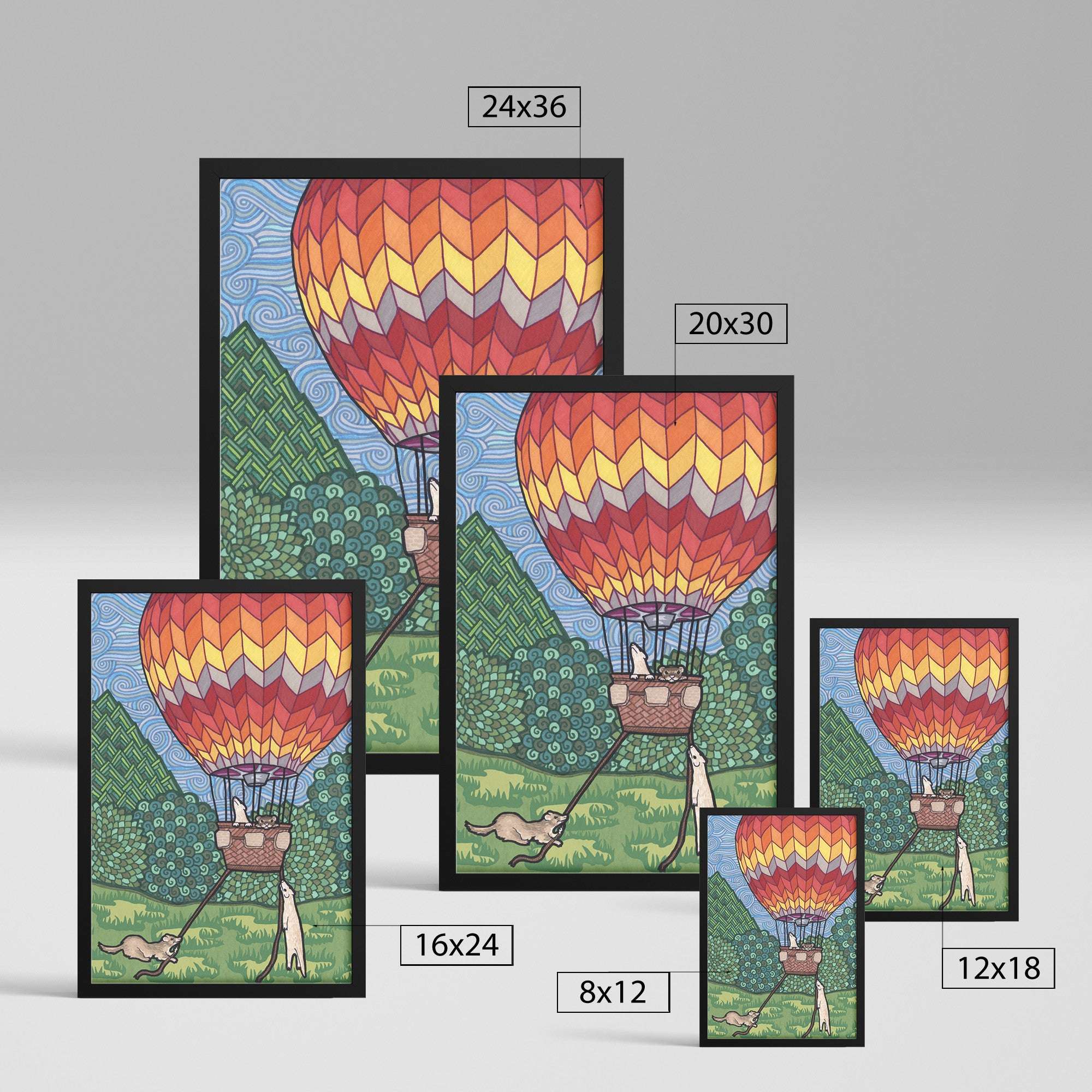 Variety of Ferret Flight Framed Prints featuring ferrets in a colorful hot air balloon over a scenic landscape, displayed in different sizes on a light background.