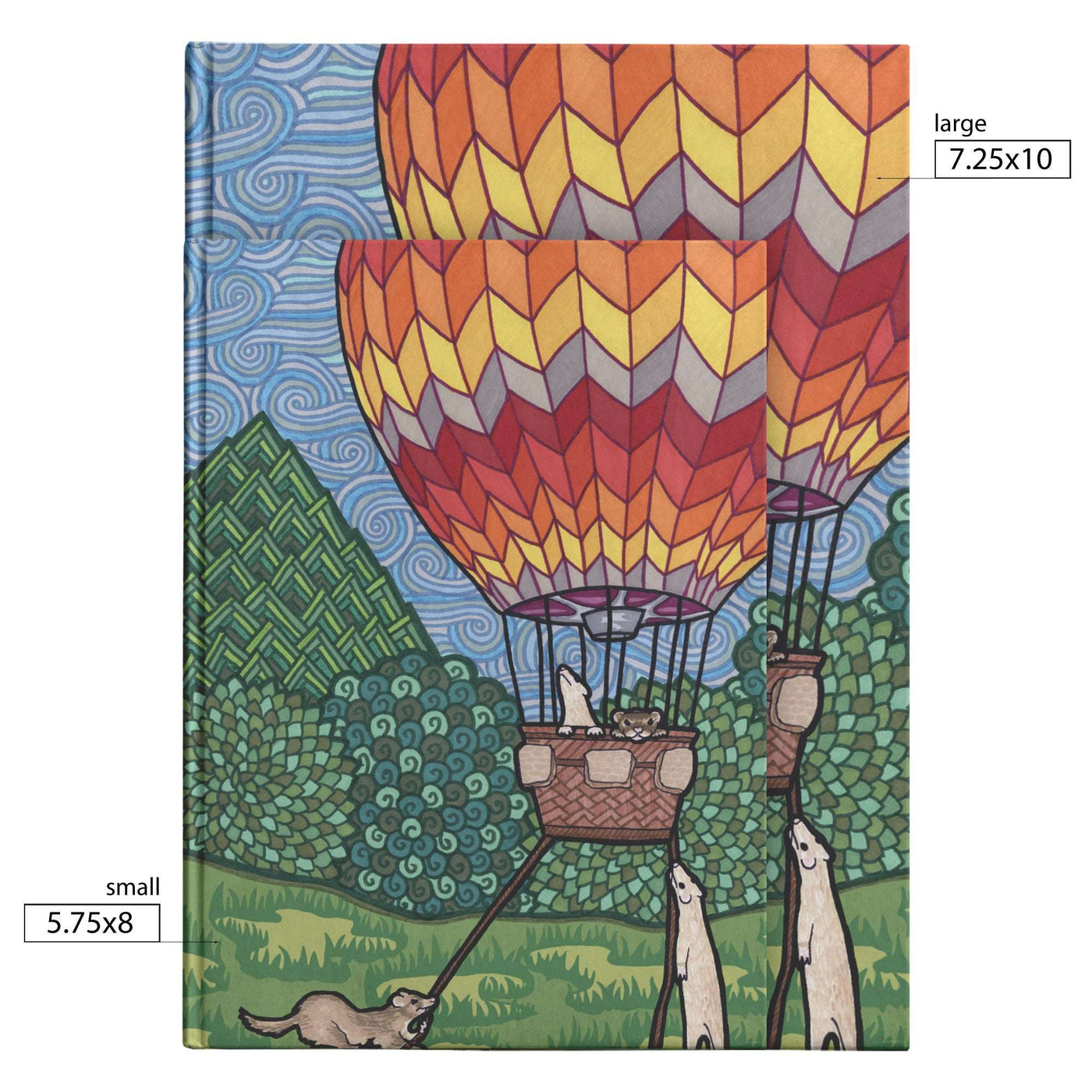 Ferret Flight Journal featuring an illustration of ferrets in a hot air balloon over a colorful landscape, with size dimensions labeled for notebook options.