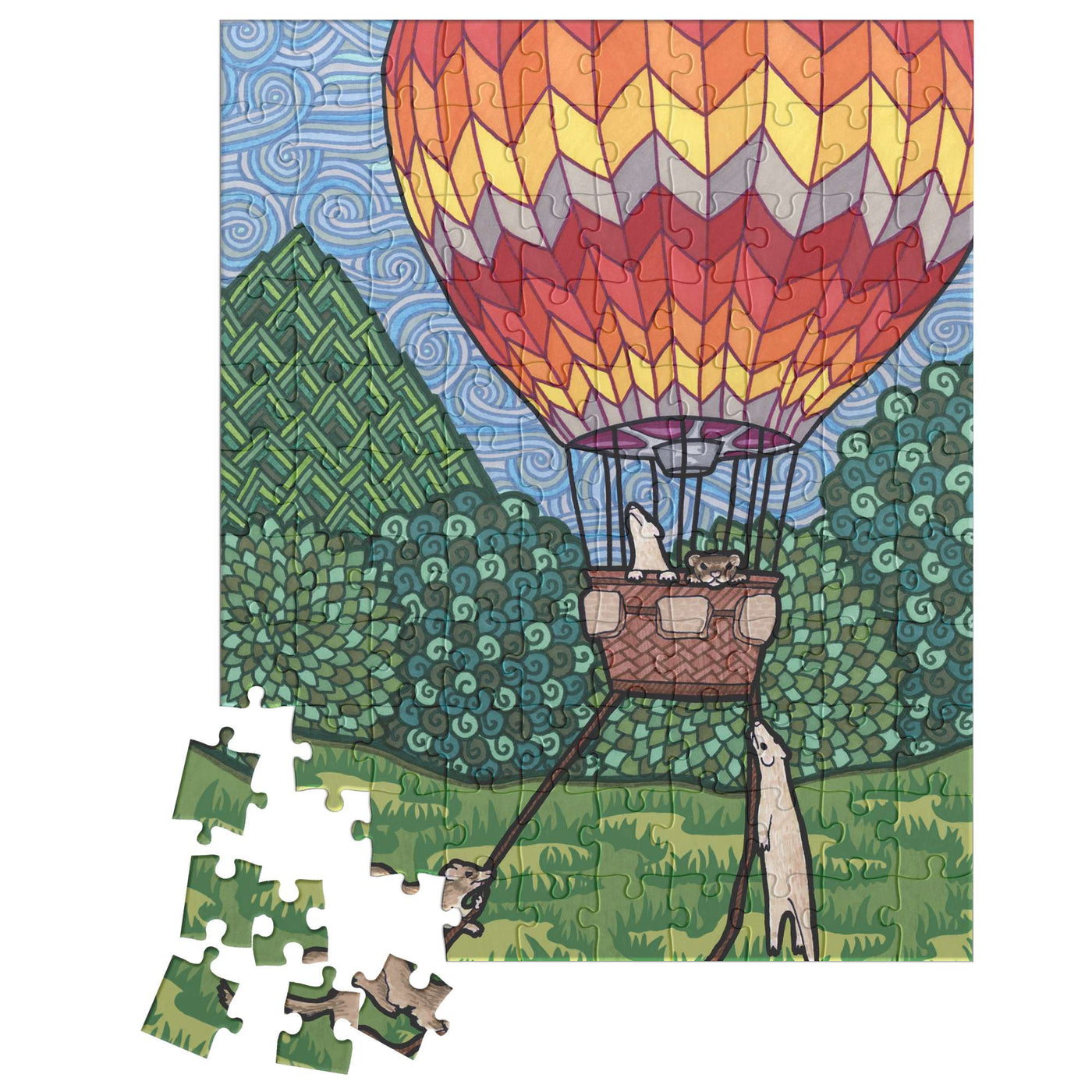 A puzzle of a colorful hot air balloon carrying a basket with ferrets flies above a lush green landscape, with Puzzle pieces in the foreground.