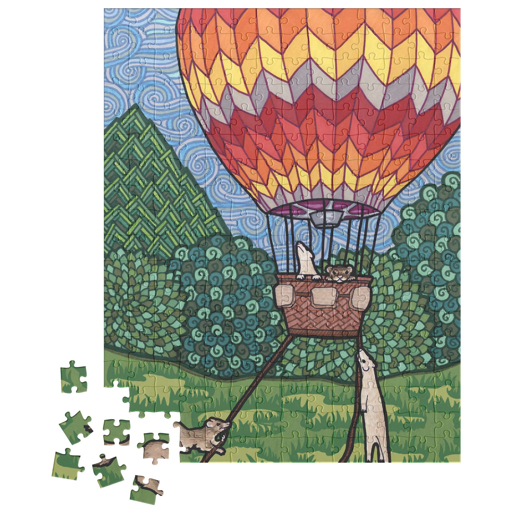 Colorful puzzle illustration of two ferrets holding a tether to secure a hot air balloon over a landscape of rolling hills.