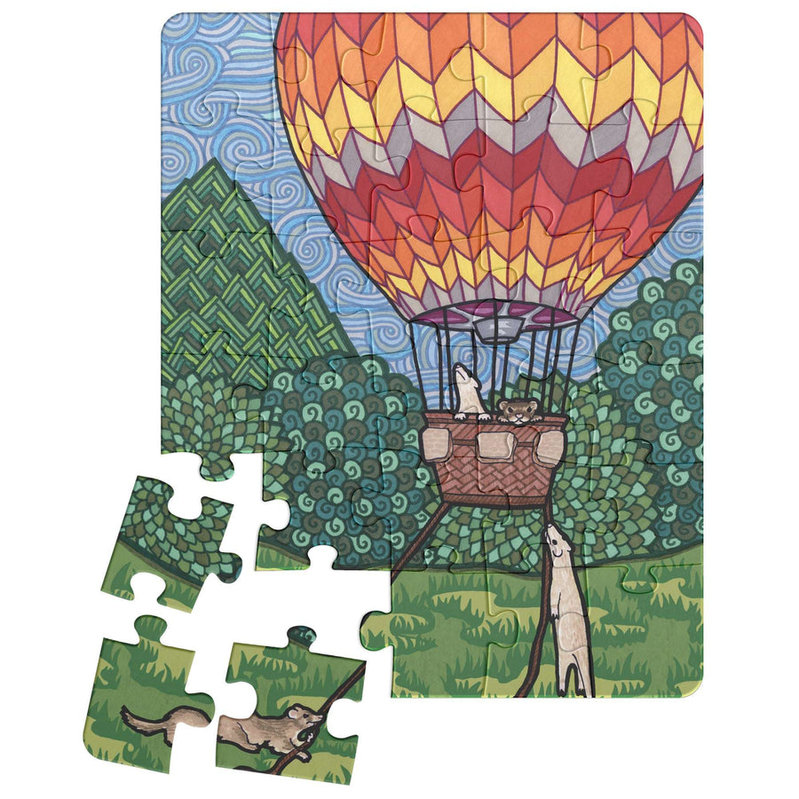 Illustration of a hot air balloon with ferrets inside, over green hills, with more ferrets watching below, depicted in the Ferret Flight Puzzle format with some pieces detached.