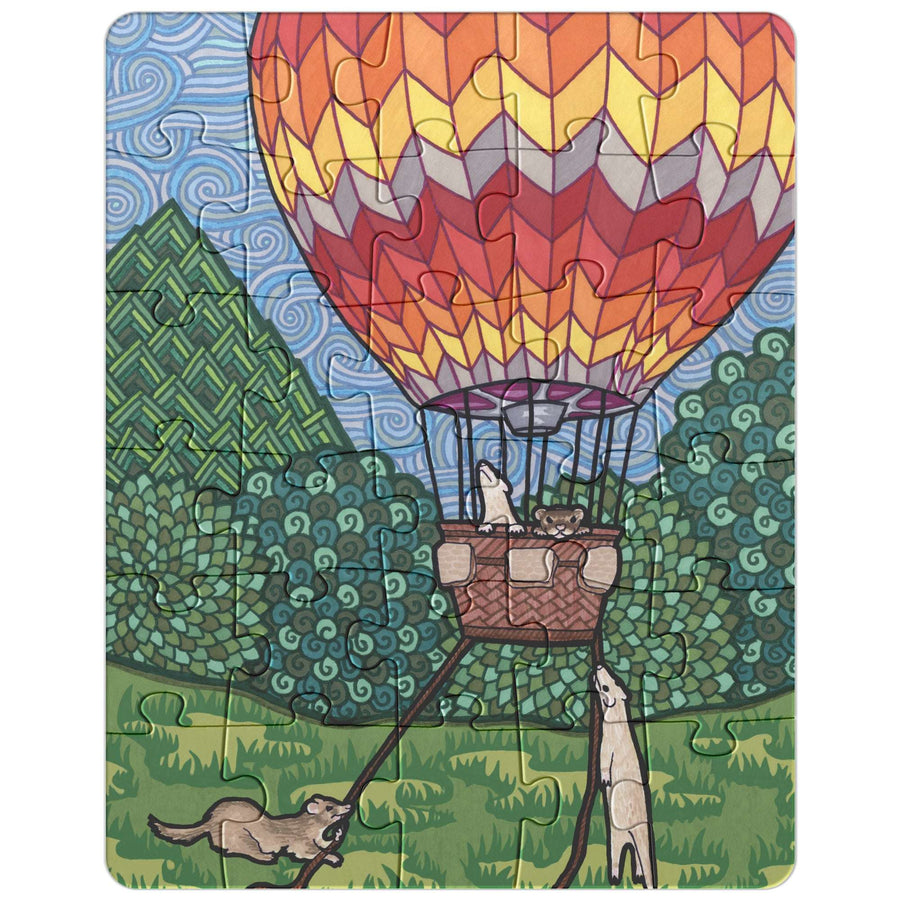 Illustration of a Ferret Flight Puzzle with a patterned hot air balloon, carrying ferrets in the basket, floating above a green, hilly landscape with trees and more ferrets below.
