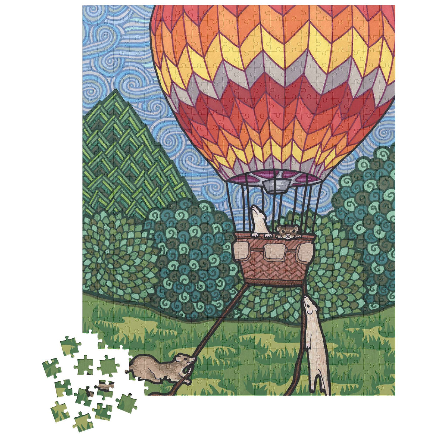 Colorful illustration of a Ferret Flight Puzzle with ferrets in the basket flying over a scenic landscape, printed onto a 500 piece puzzle.
