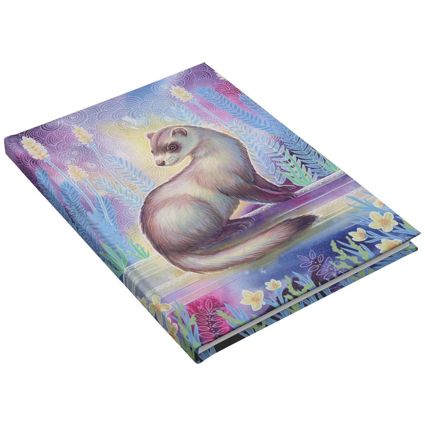 A colorful Ferret Journal cover featuring an artistic illustration of a ferret sitting amidst vibrant, stylized floral patterns.