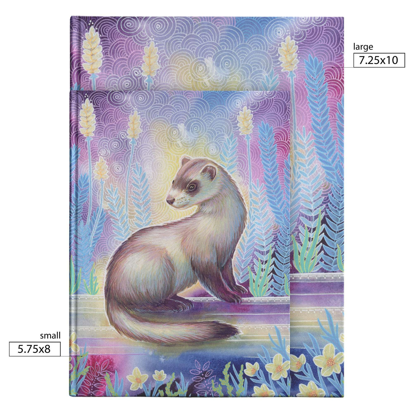 Ferret Journal featuring a painting of a ferret in a whimsical, colorful forest setting with spiral clouds and floral elements.