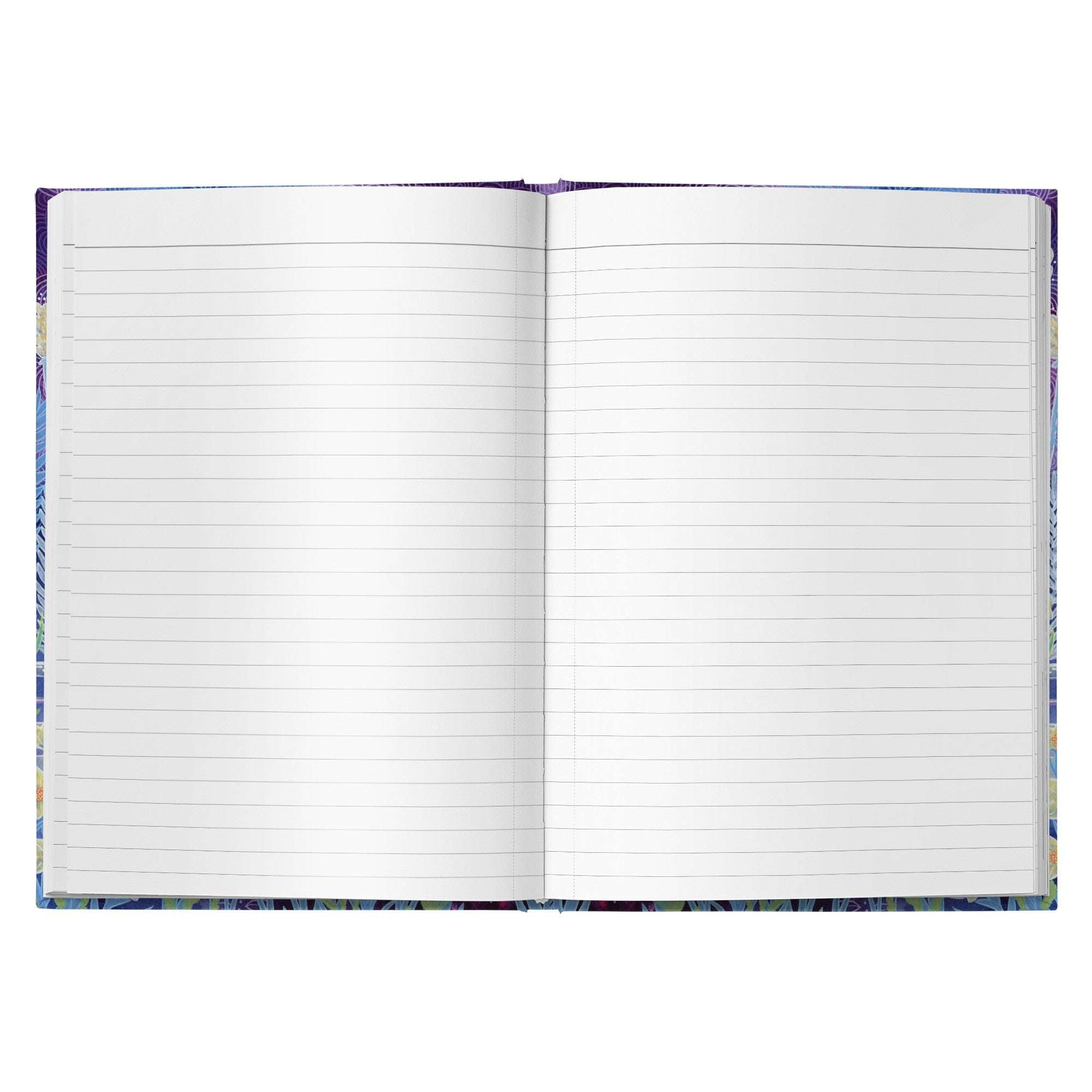 An open Ferret Journal with blank lined pages, showing a colorful cover edge.