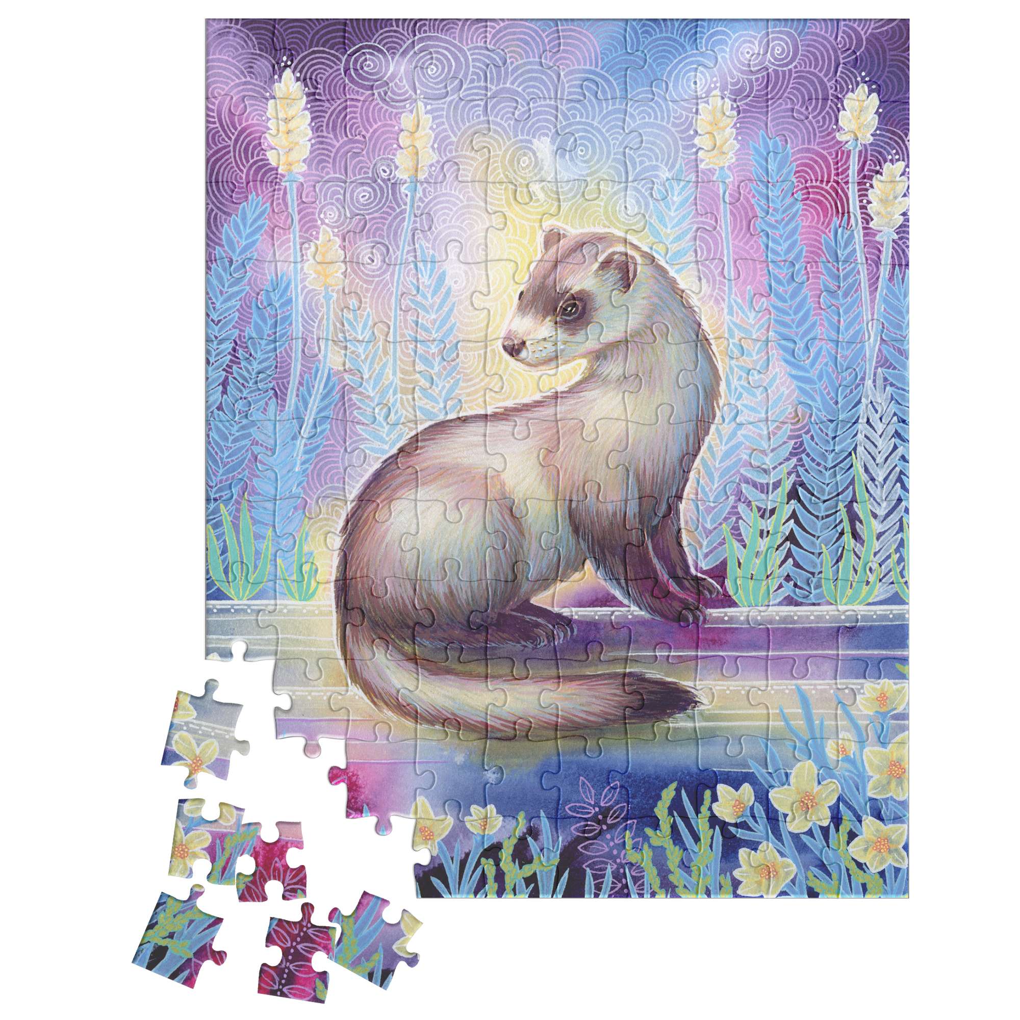 A nearly completed Ferret Puzzle depicting a ferret sitting in a colorful garden with a few pieces scattered at the bottom.