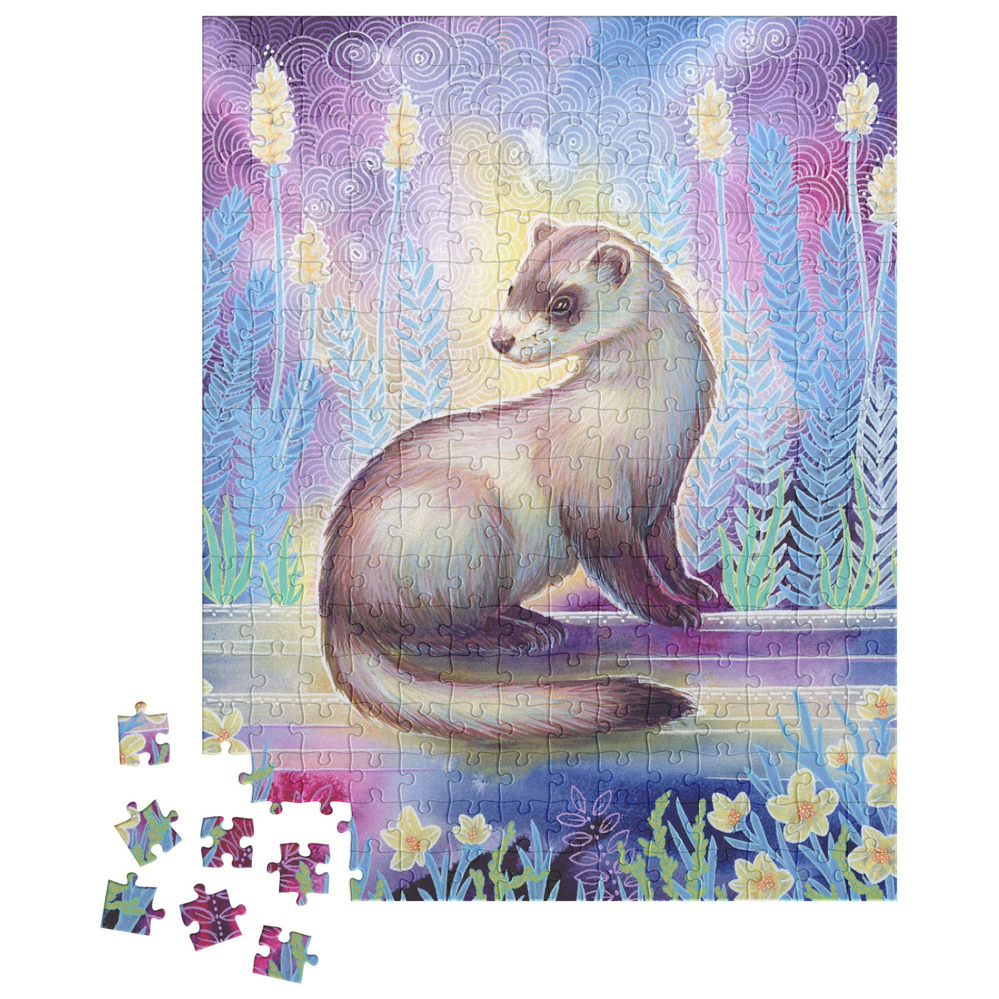 A completed Ferret Puzzle depicting a weasel among purple and yellow flowers, with a few disconnected pieces in the lower left corner.