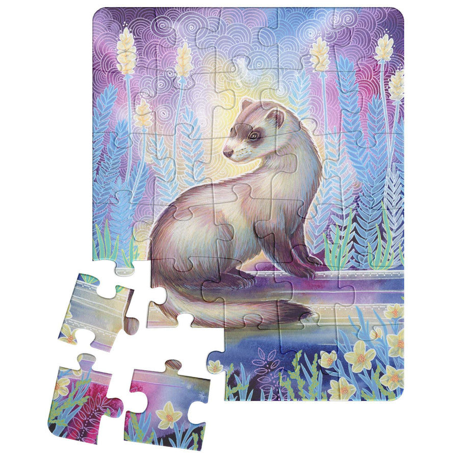 Illustrated Ferret Puzzle depicting a ferret seated in a colorful, floral setting, with several pieces disconnected.