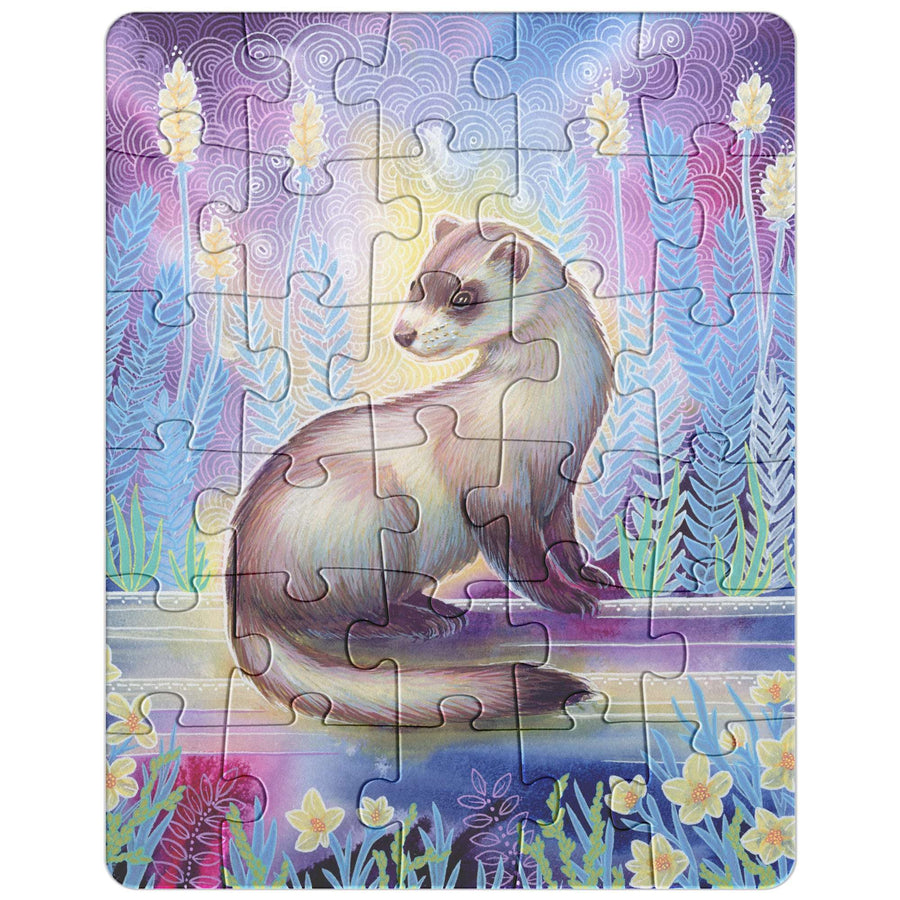 Ferret Puzzle depicting a ferret on a colorful, patterned background with vibrant flowers and trees.