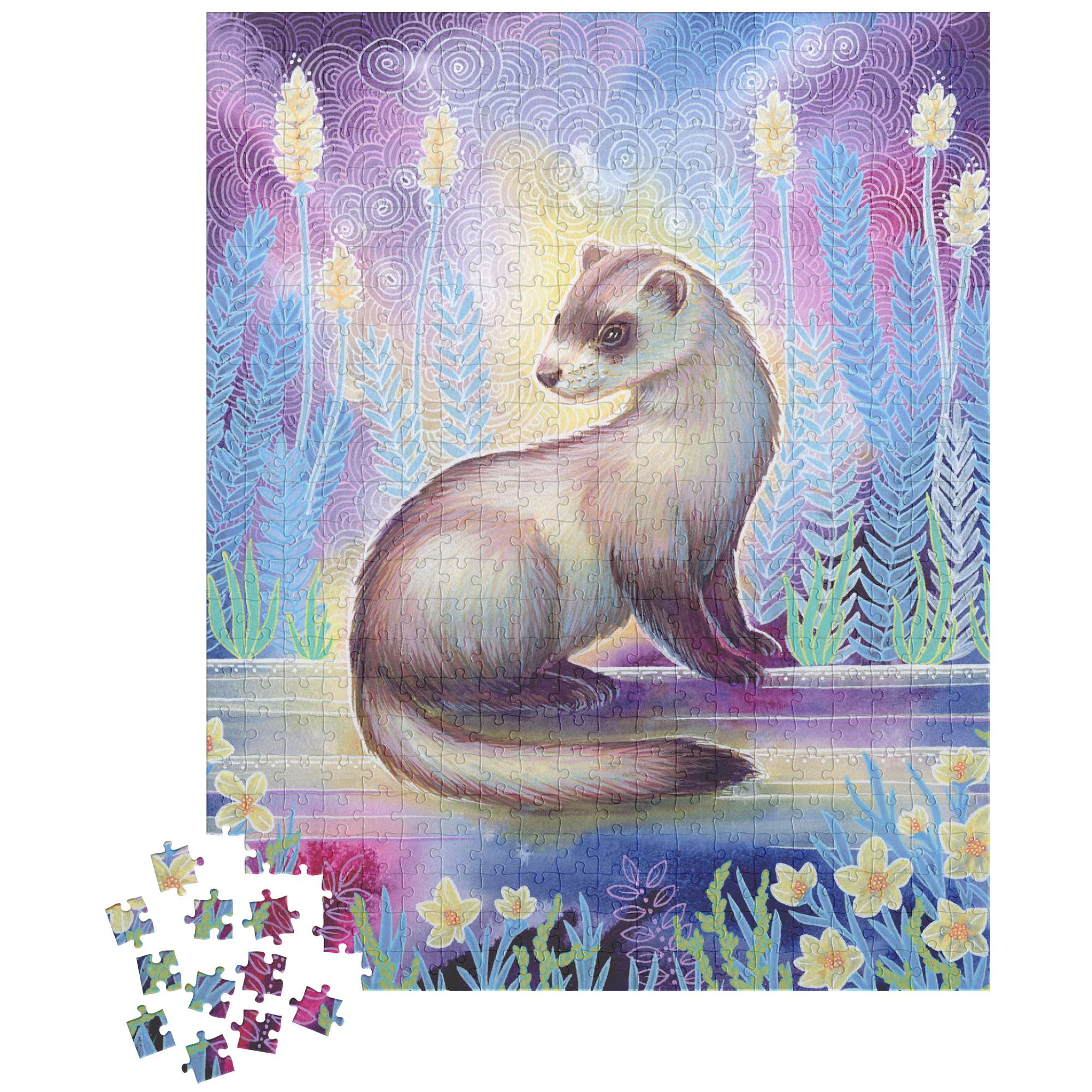 Illustration of a ferret on a colorful, patterned background, depicted in a puzzle form with some pieces detached.