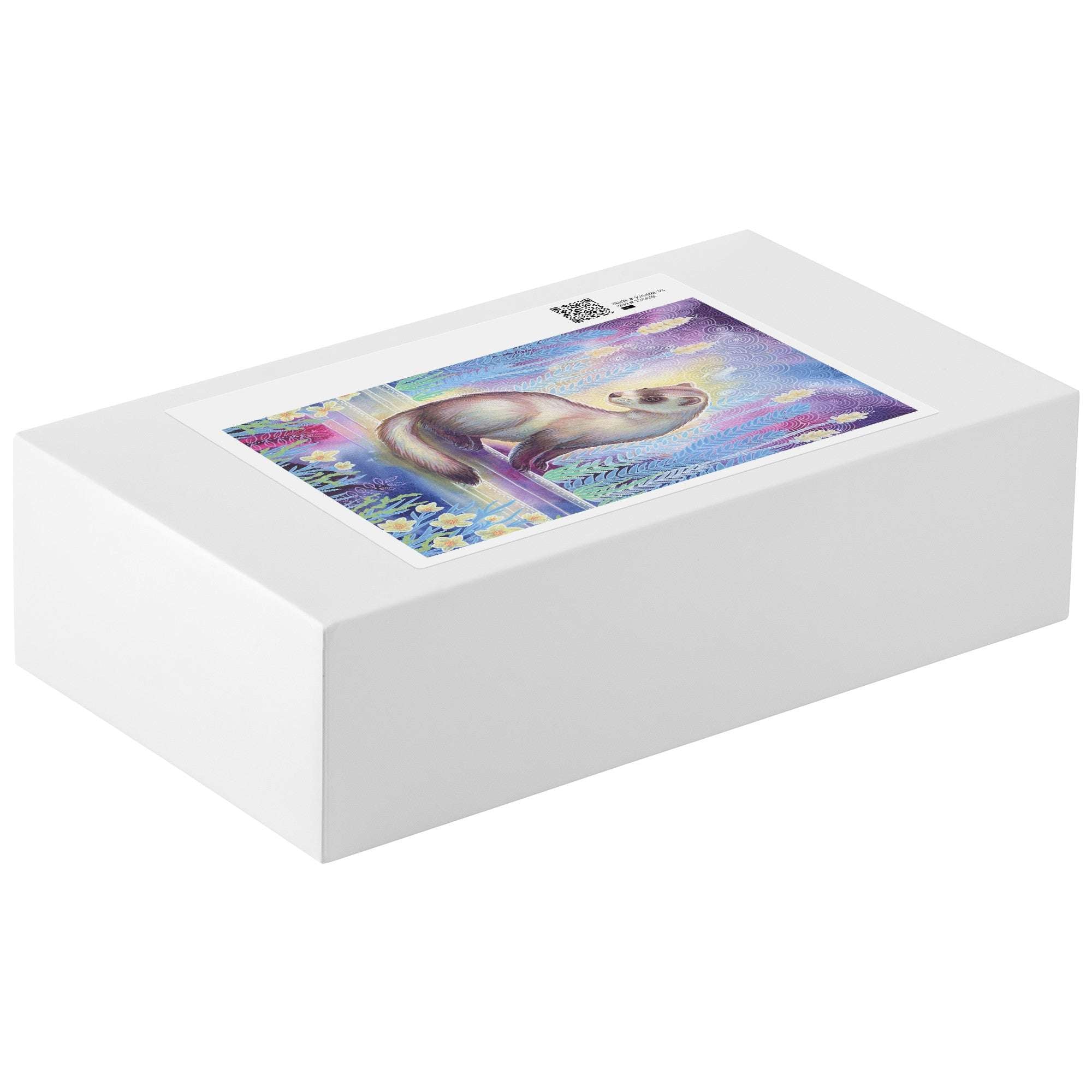 A white rectangular box with a vibrant, colorful Ferret Puzzle image on its lid.