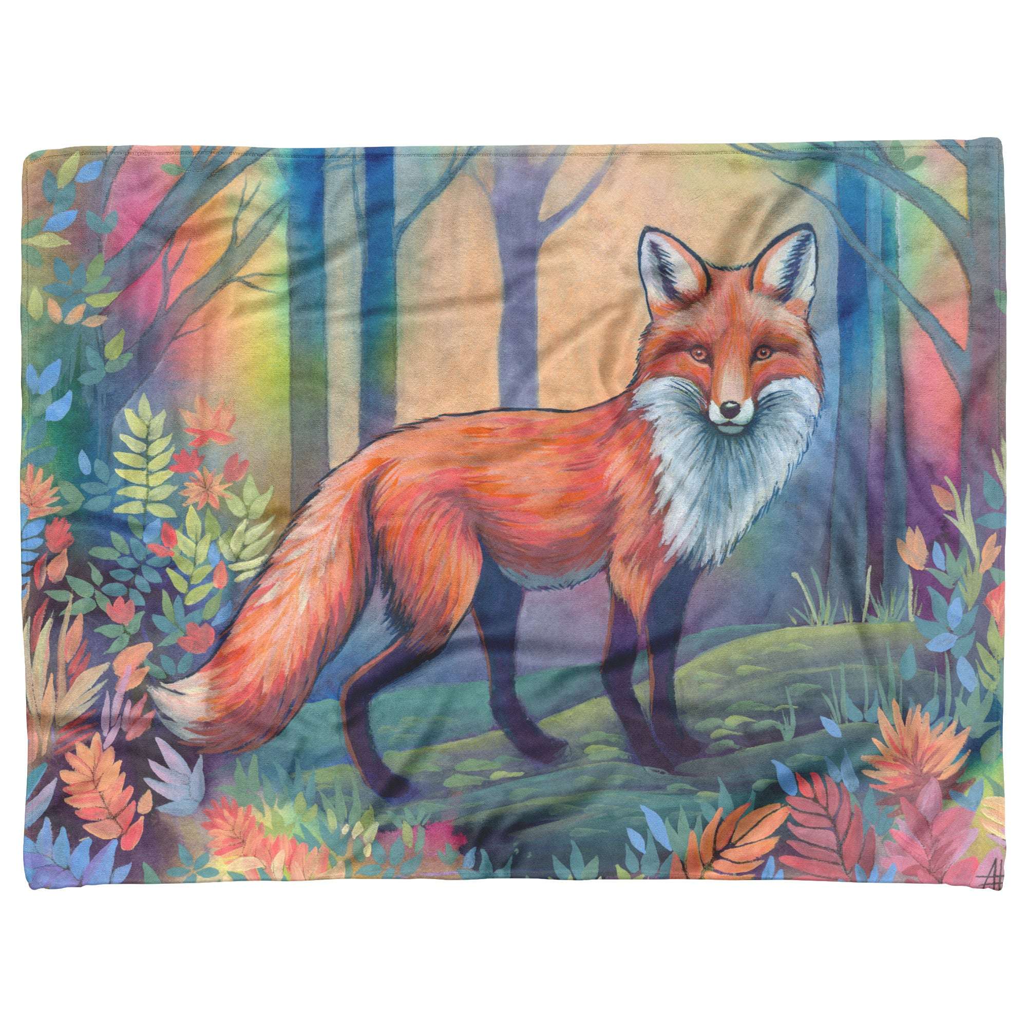 Fox blanket printed with the illustration of a fox standing in a colorful forest with vibrant foliage and trees under a soft, blue sky.
