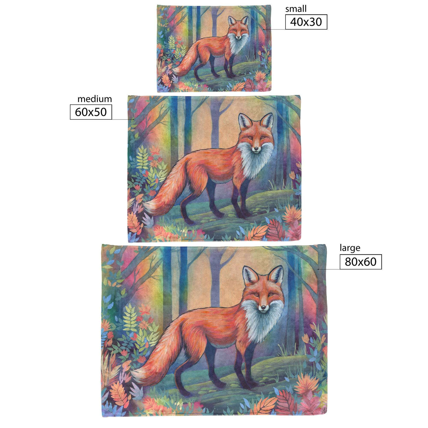 Three images of a Fox Blanket showing a fox in a forest, each increasing in size from small to large, with different dimensions labeled.