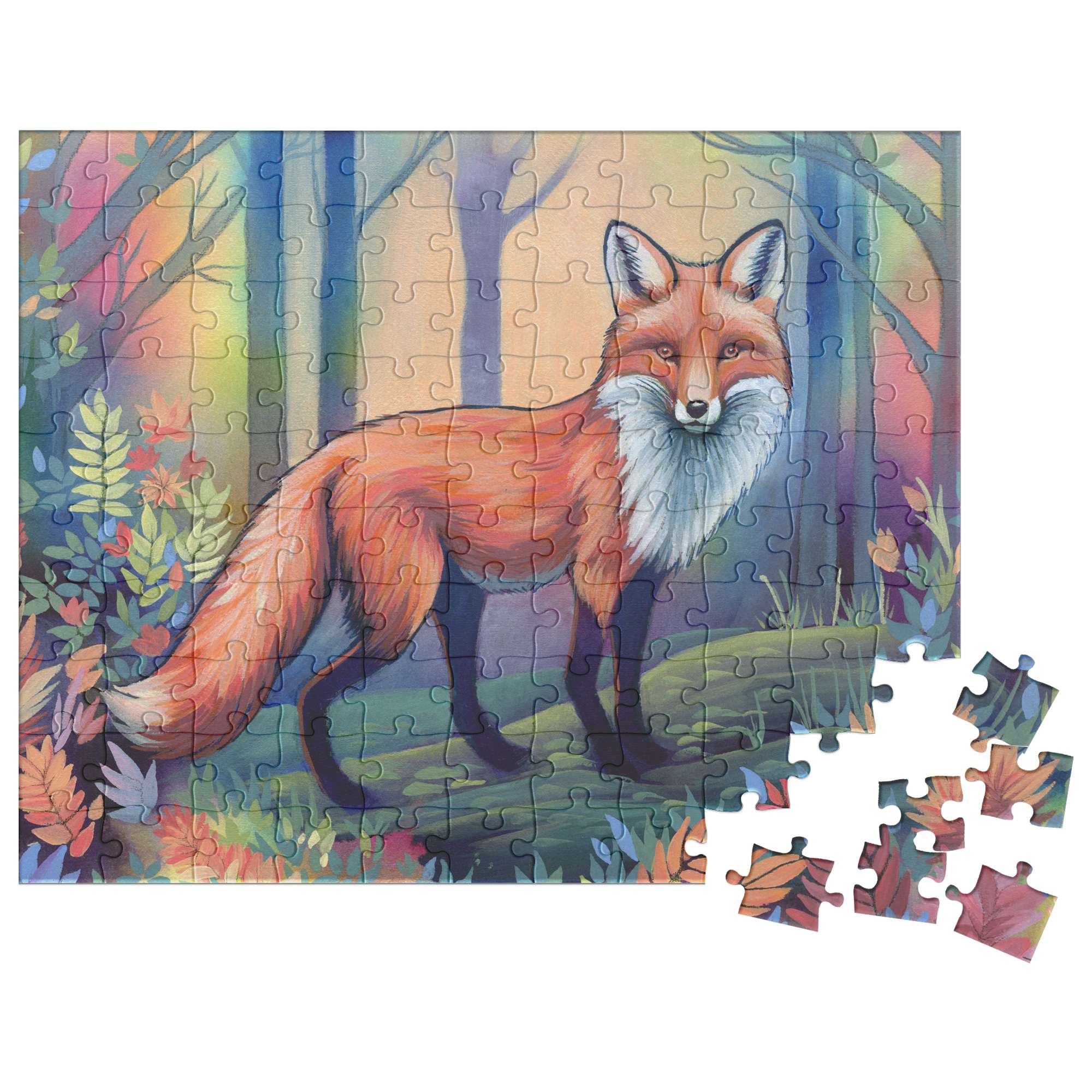 A 110 piece Fox Puzzle featuring a vibrant illustration of a fox in a colorful woodland setting, with one piece detached.