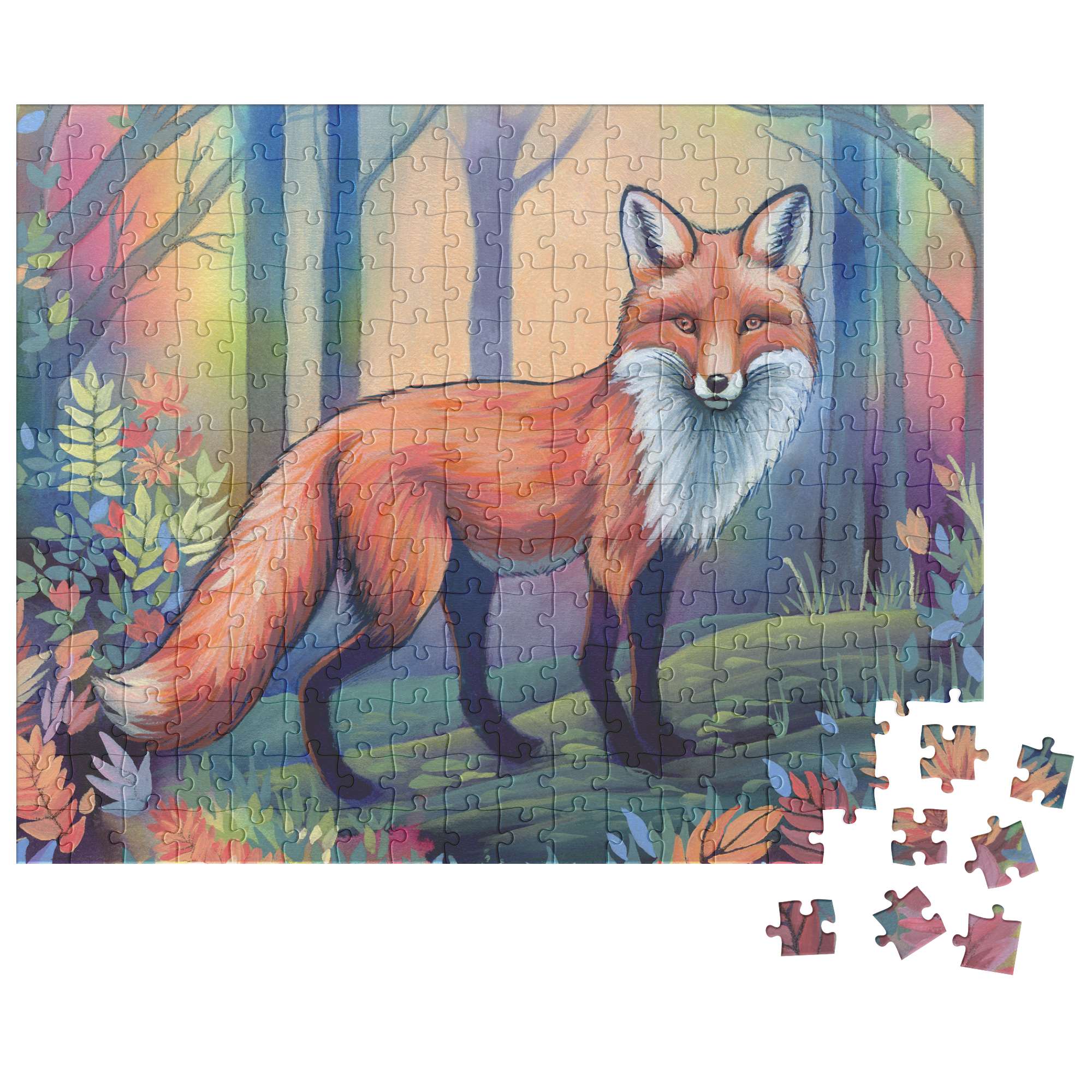 A 252 piece Fox Puzzle depicting a fox in a colorful forest setting, with a few pieces yet to be placed.