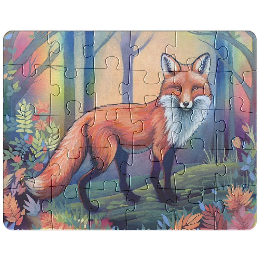 A completed Fox Puzzle depicting a vibrant illustration of a fox in a colorful forest setting.