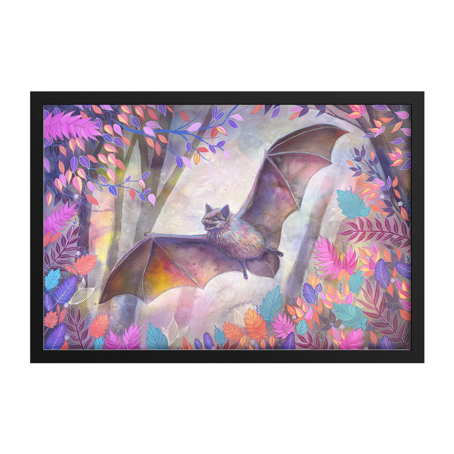 Illustration of a Framed Bat Print with bright vivid colors, surrounded by colorful foliage, in a black frame.