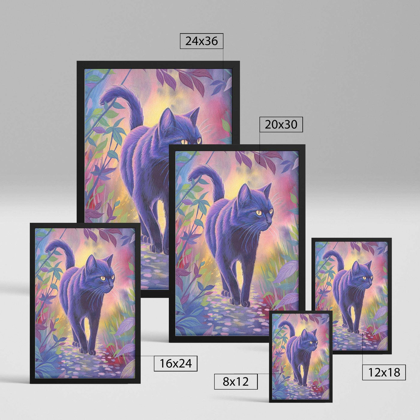 A collection of Framed Cat Art Prints in various sizes, each depicting a stylized black cat walking through a colorful forest. Sizes are labeled beside each print.