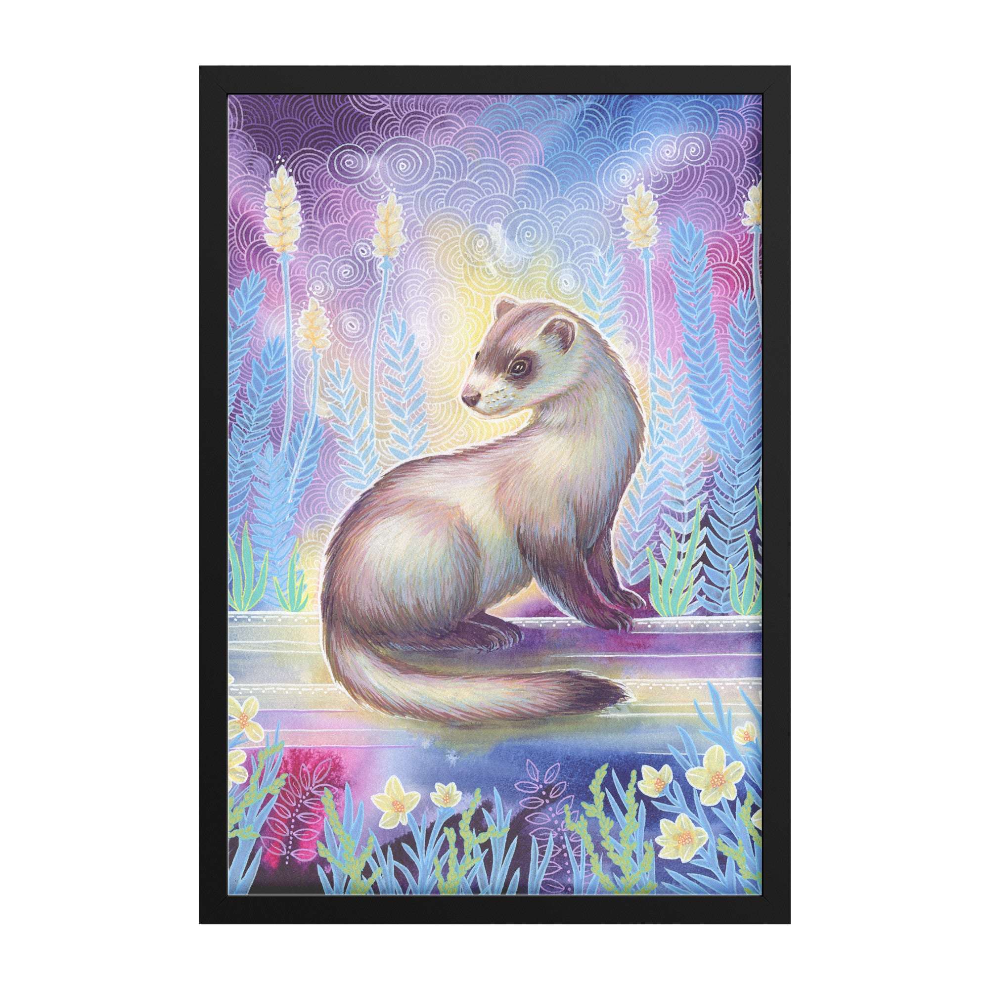 Colorful framed ferret print of a ferret sitting in a whimsical garden with swirling purple and blue patterns in the background and bright flowers around.