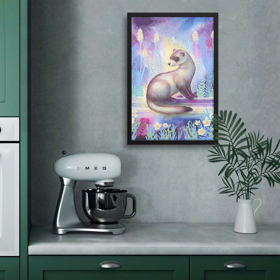 A modern kitchen with a Framed Ferret Print featuring a colorful ferret painting with whimsical patterns.