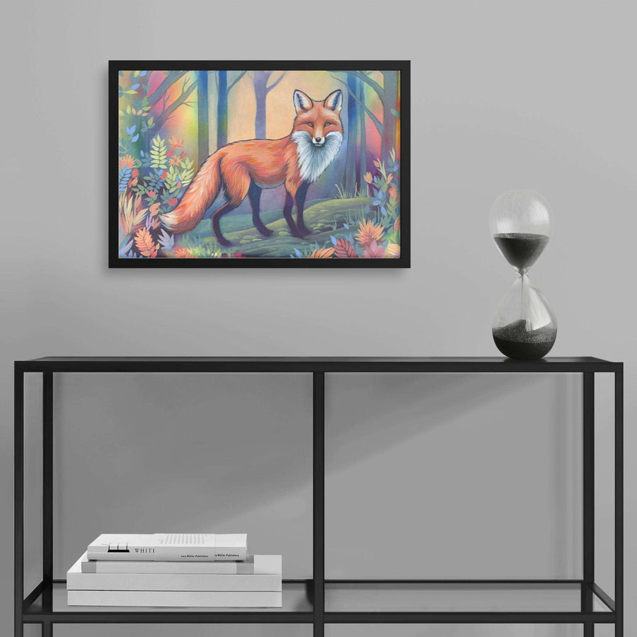 A Framed Fox Art Print of a fox in a forest in vivid colors hanging over a table.