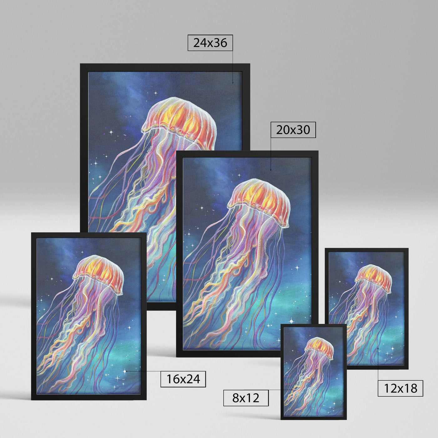 A display of five Framed Jellyfish Prints, featuring a colorful jellyfish design, arranged by size with dimensions labeled.