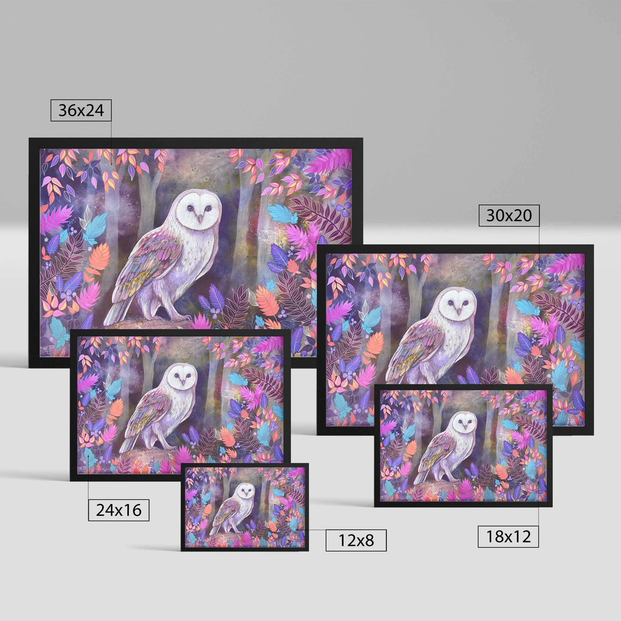 A collection of Framed Owl Art Prints featuring a white barn owl perched on a branch amid colorful leaves, available in various sizes.
