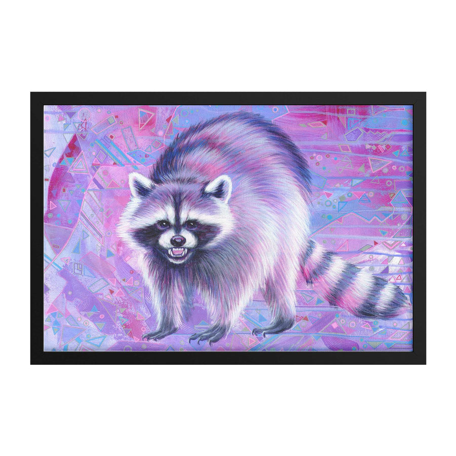 A colorful Raccoon Framed Art Print against a vibrant abstract geometric background, displayed in a black frame.