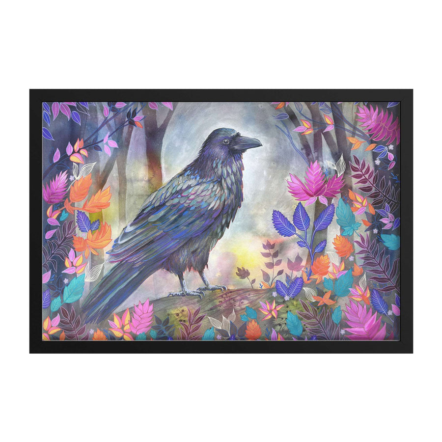 A vibrant illustration of a black raven in a colorful, fantastical forest with multicolored leaves and a glowing background, framed in black.