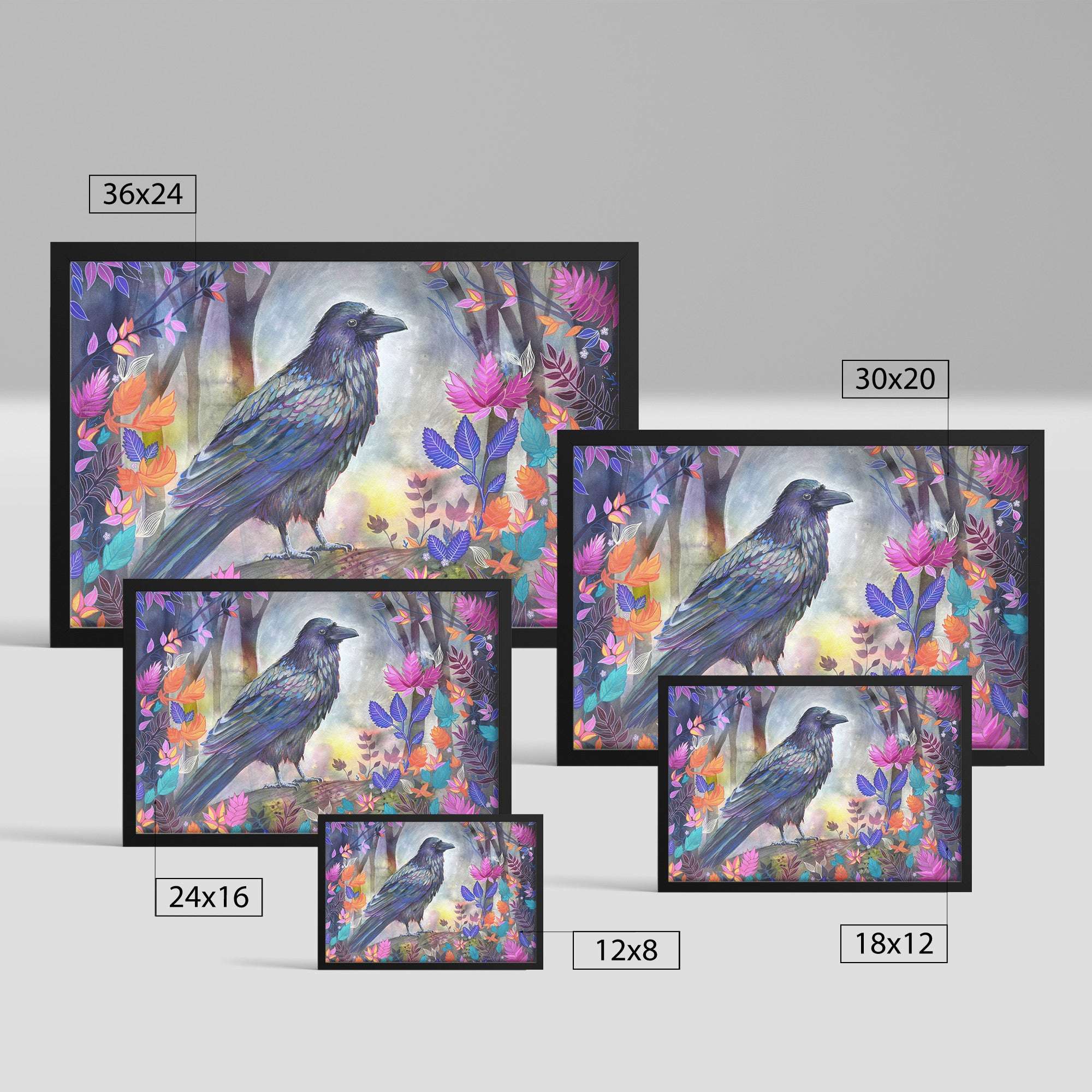A collection of six Framed Raven Art Prints depicting a crow among vibrant floral and butterfly patterns, in various sizes displayed against a light background.