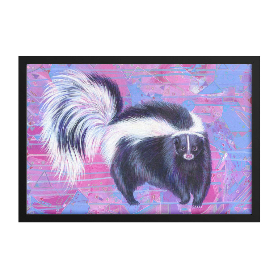A vibrant Framed Skunk Art Print of a skunk with a fluffy white and black tail on a pink and blue abstract background, framed in black.
