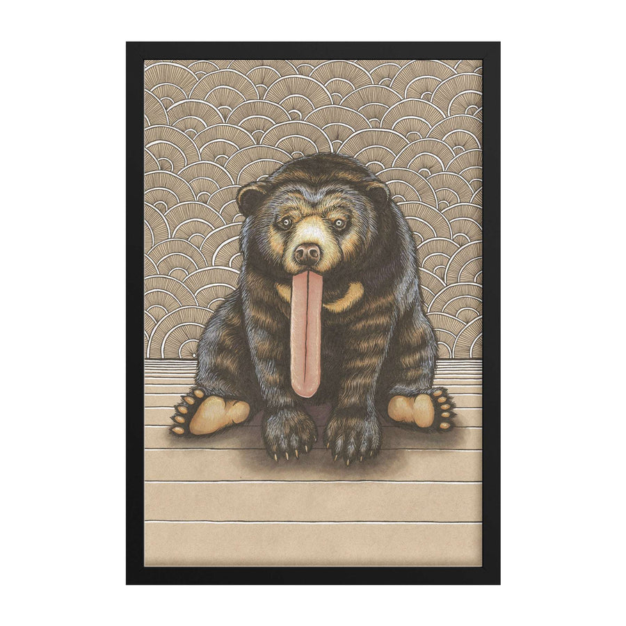 Illustration of a Framed Sun Bear Art Print sitting with its tongue out, framed by a patterned, arched backdrop and a striped floor.