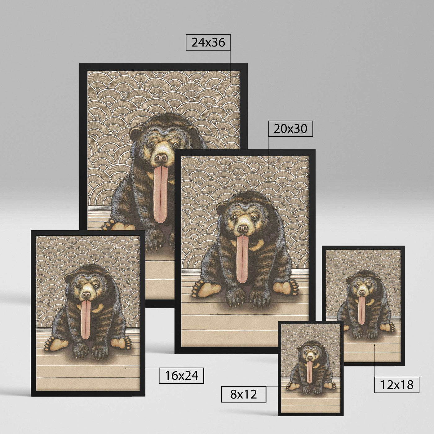 Size comparison of various Framed Sun Bear Art Prints from small to large displayed against a neutral background.