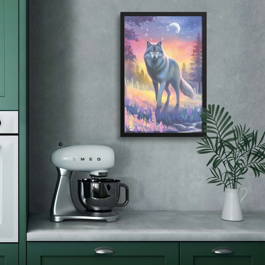 A modern kitchen with green cabinets featuring a Framed Wolf Art Print hanging on the wall.