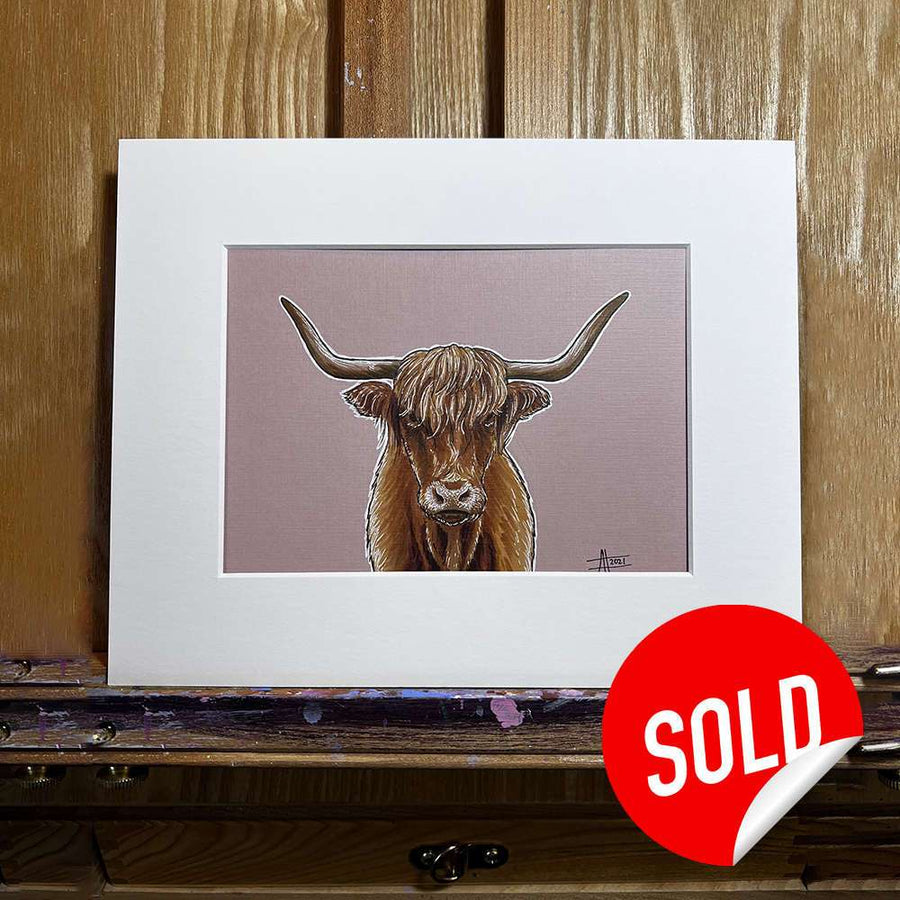Framed pen and marker drawing of a Highland cow with "SOLD" sticker.