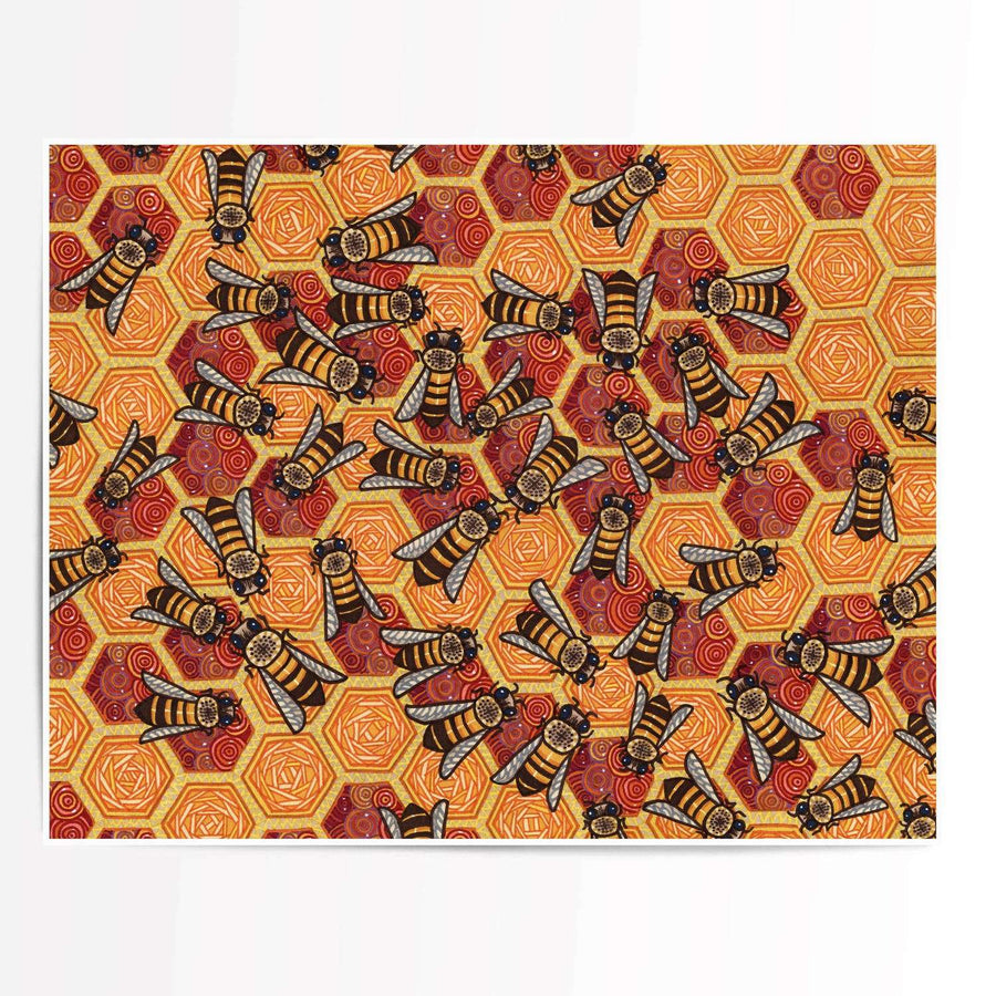Marker illustration of bees on a honeycomb patterned background.