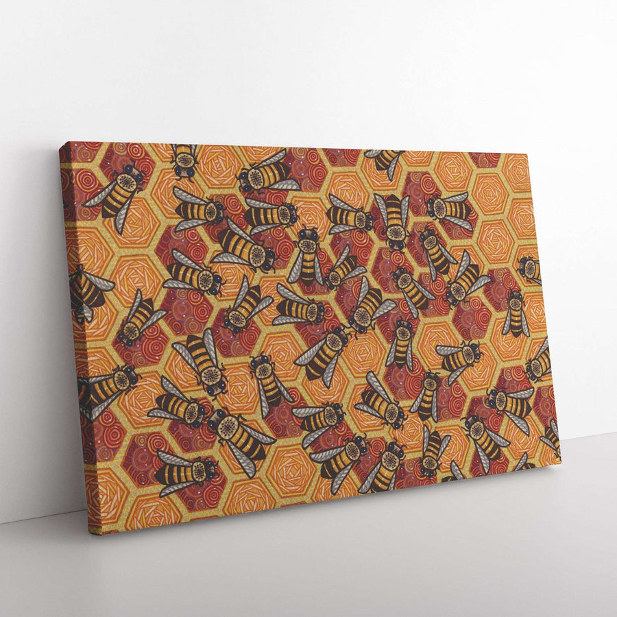 A Honeycomb Harmony Canvas Print featuring a pattern of stylized bees and geometric designs, predominantly in shades of yellow, orange, and red.