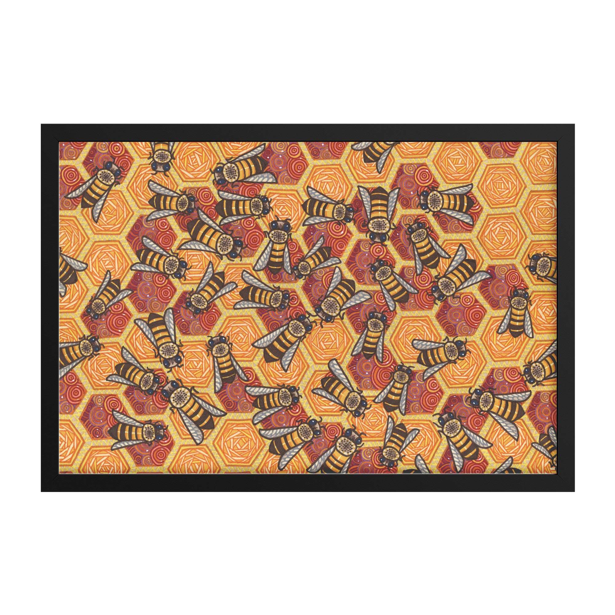 Honeycomb Harmony Framed Print featuring a zentangle painting design with repeated patterns of stylized bees on a multicolored, textured background, enclosed in a black frame.
