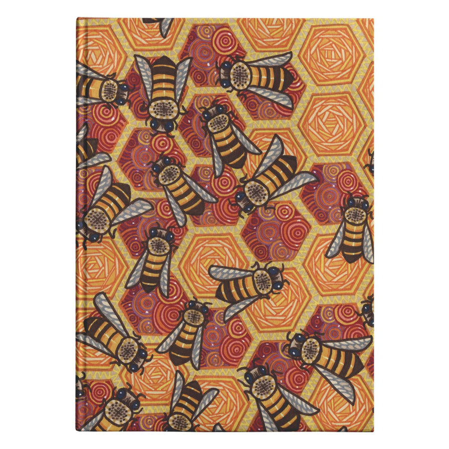 Honeycomb Harmony Journal cover with a pattern of geometric shapes and stylized bees with orange, red, and yellow tones.
