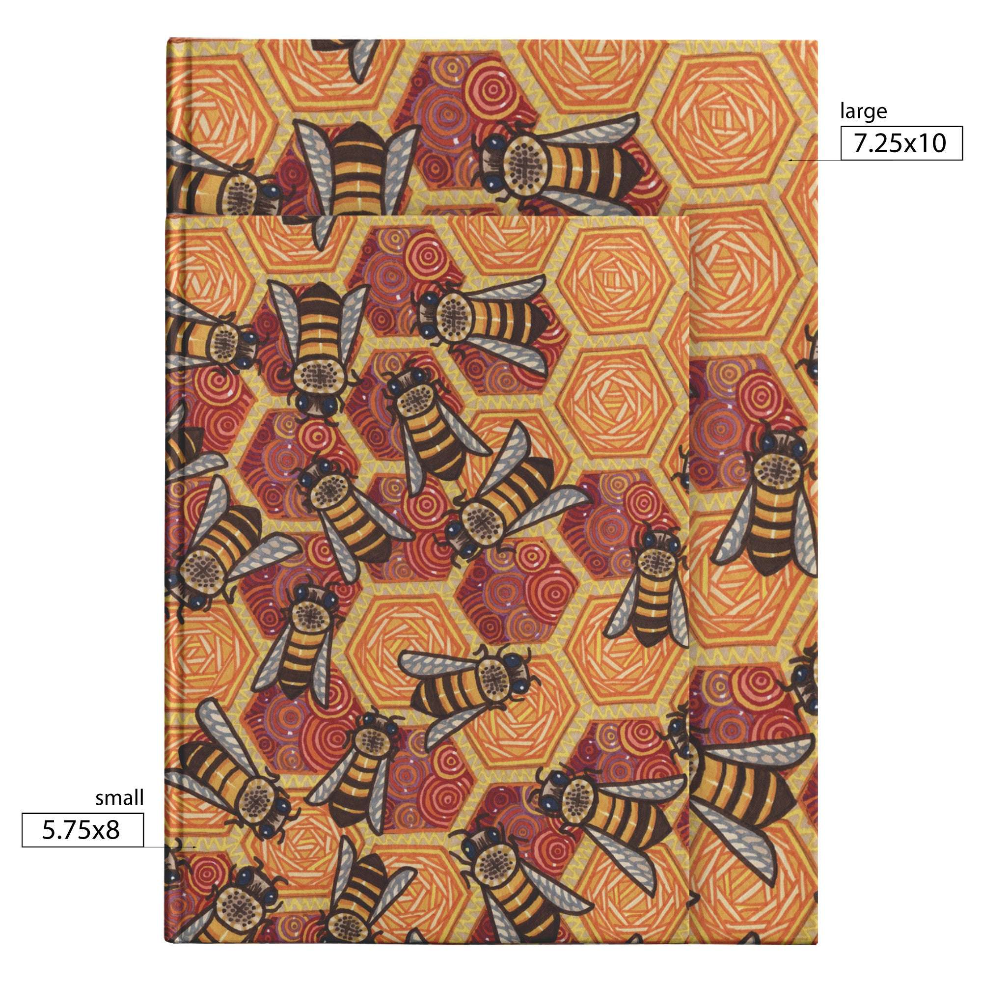 Honeycomb Harmony Journal with bee designs and geometric shapes in warm tones, available in two sizes: large (7.25x10) and small (5.75x8).