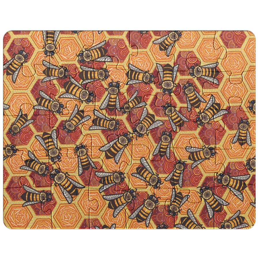 Honeycomb Harmony Puzzle with a detailed bee pattern on a geometric orange background, fully completed